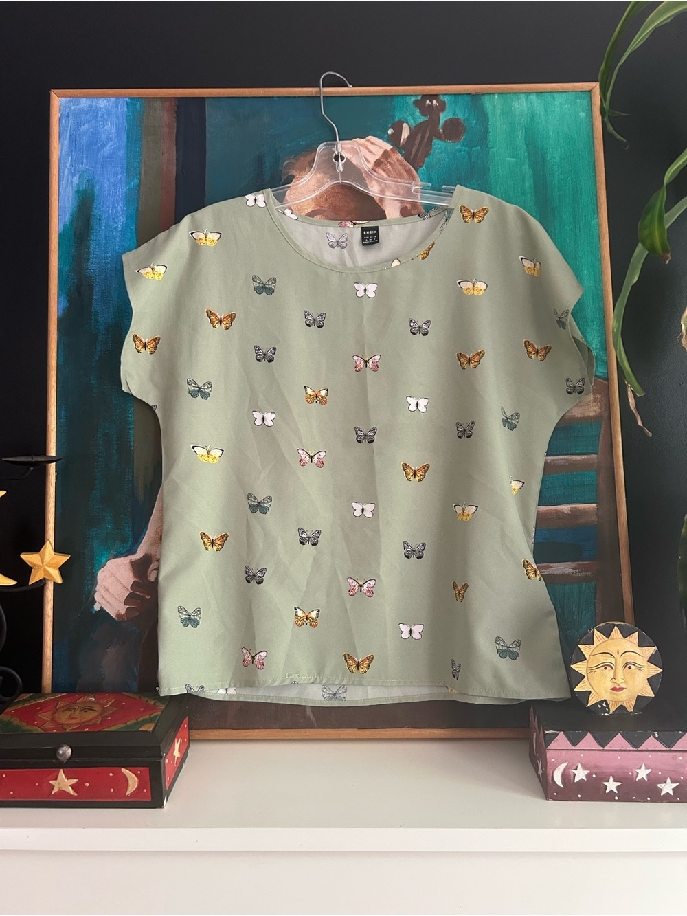 SHEIN Butterfly Print Blouse Sage Green Short Sleeve Y2K Fairy Grunge Size M